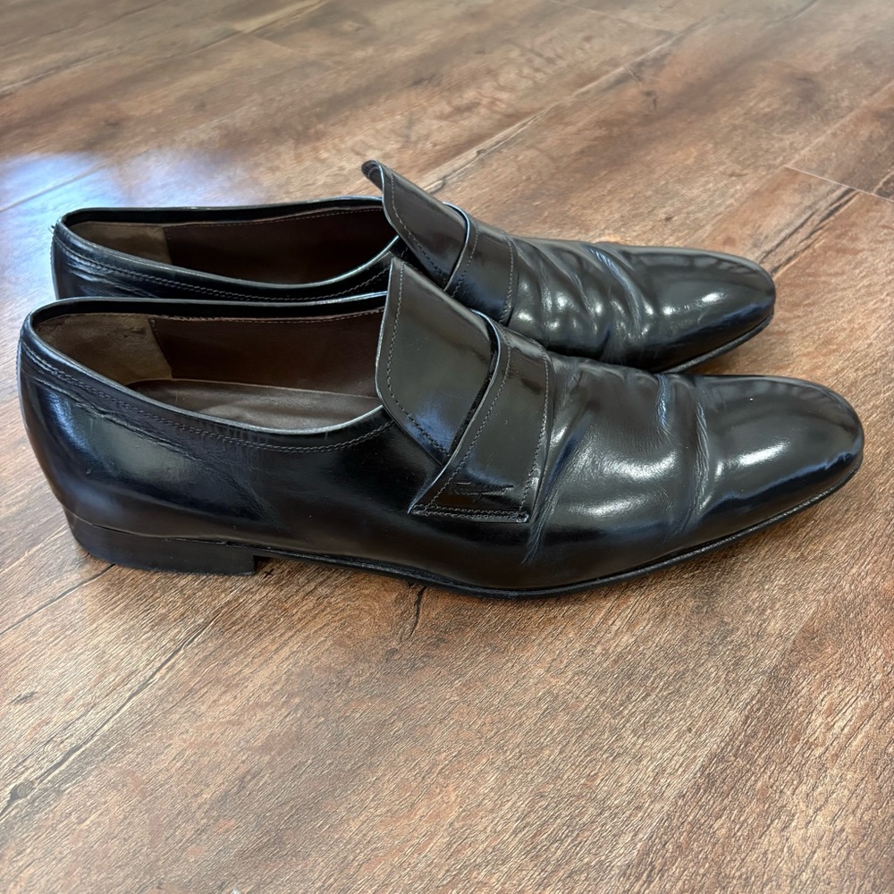 Salvatore Ferragamo Black Leather Apron Toe Loafers Mens 10.5 D Italy